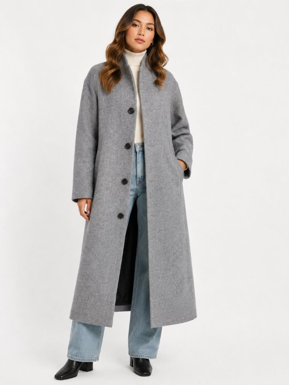 Avec Les Filles Women’s L Gray Wool Blend Overlap Collar Long Coat NWT